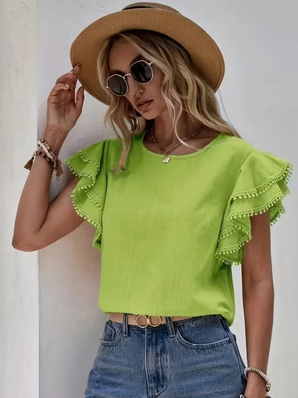 Solid Crew Neck Blouse, Elegant Layered Ruffle Sleeve Top - Picture 3 of 5